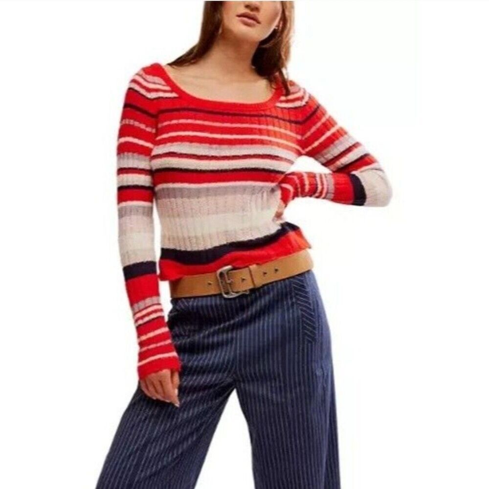 Free People Women Lumen Stripe Sweater Sz Med Red White Pullover Wool Blend Boho